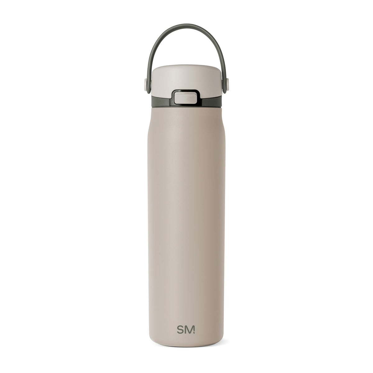 Beige insulated water bottle with charcoal gray and dark sage green hardware accents