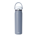 Slate blue water bottle with white lid and dark gray accents, featuring a modern design with curved contours and secure cap closure.
