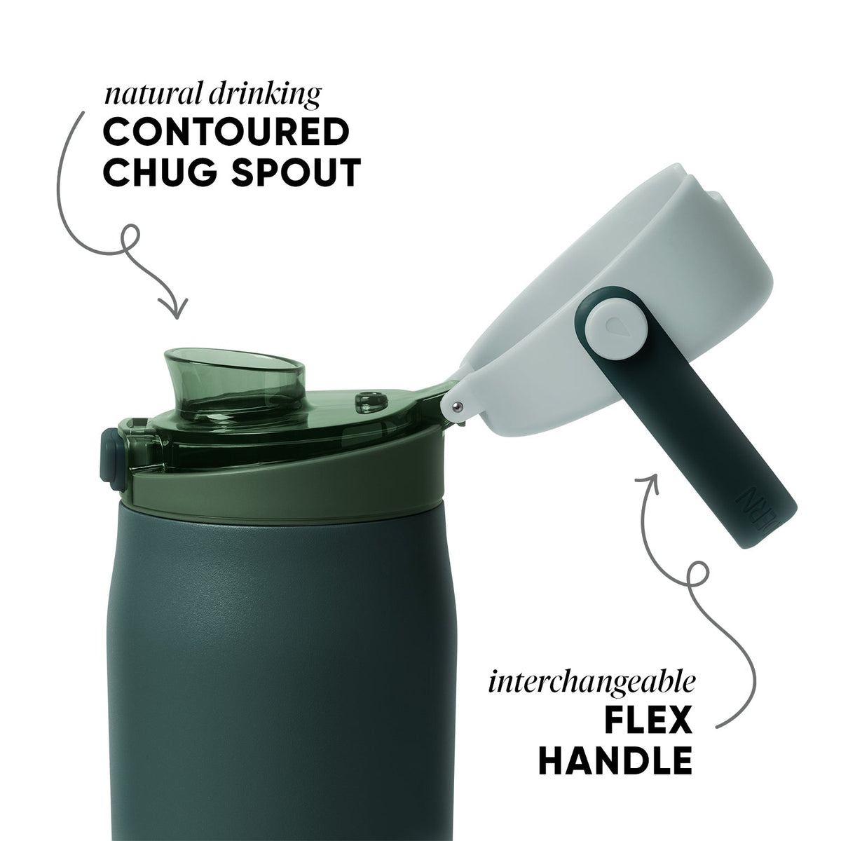 Sage green bottle with dark forest green and charcoal accents, featuring a lid mechanism against a muted, earthy-toned background.