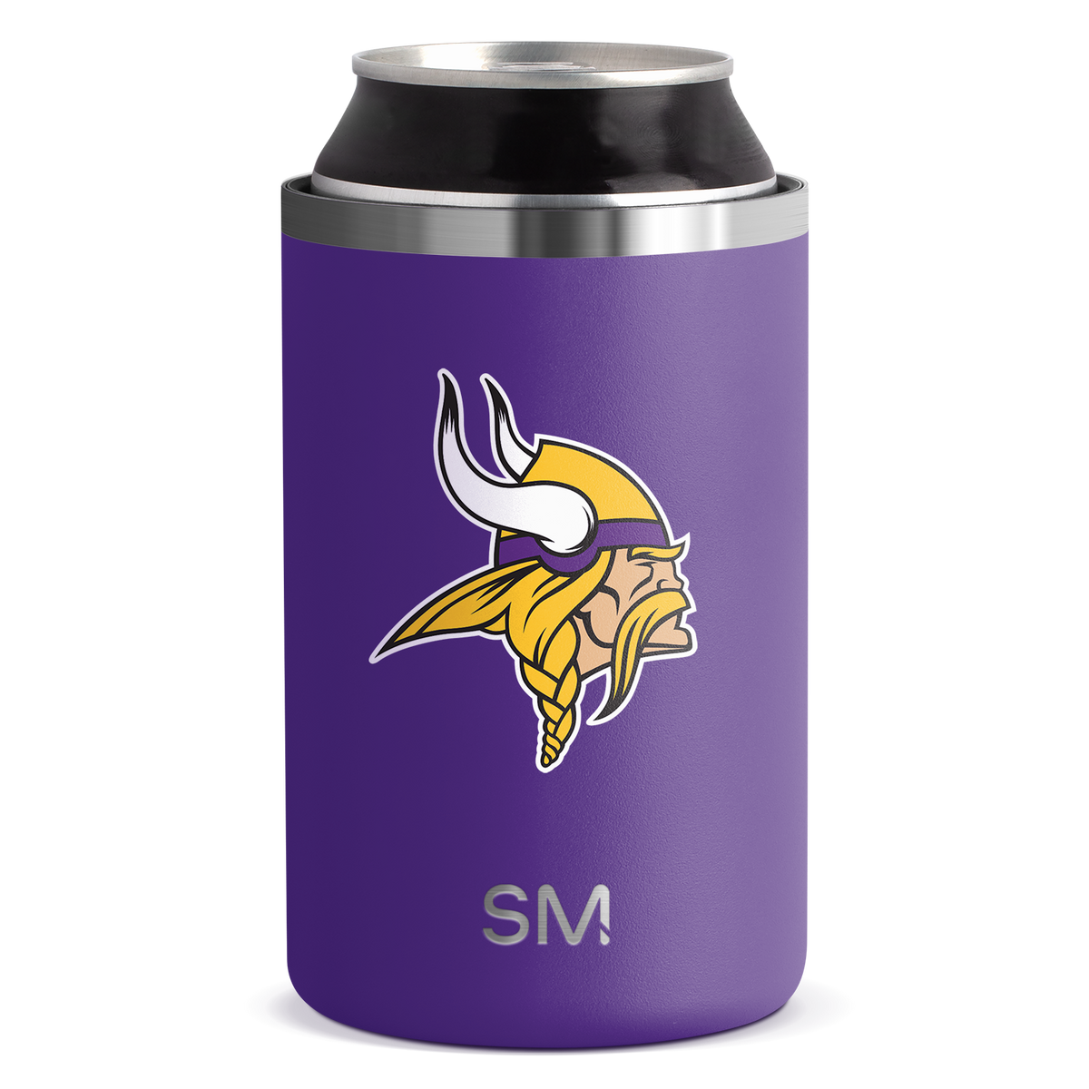 Purple product with yellow and white logo graphic and brushed stainless steel trim at top
