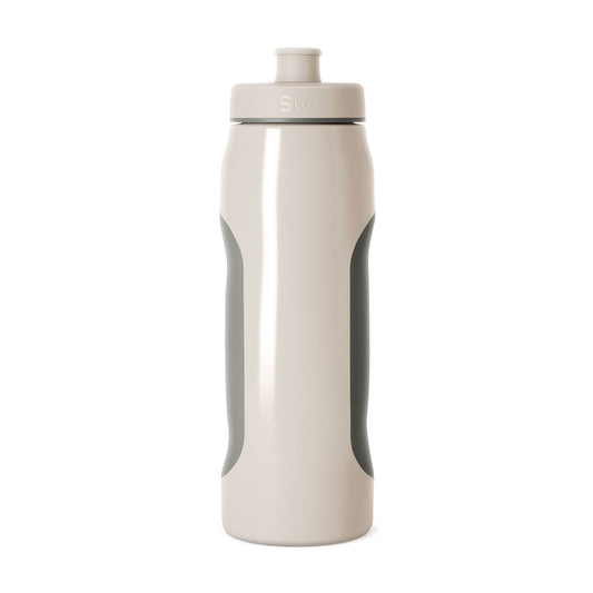 Cream-colored water bottle with sage gray grip panels and dark accents, shown against a neutral background