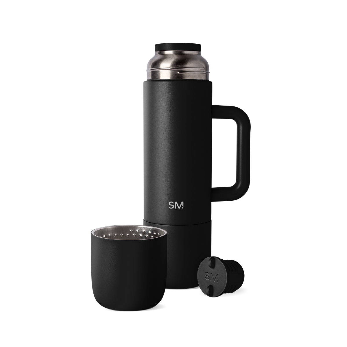 Black and metallic silver matte thermos bottle with detachable infuser, handle, and base cup