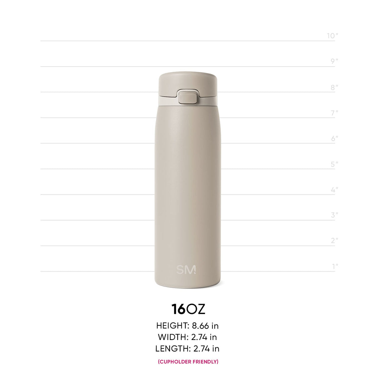 Light taupe 16oz tumbler shown in size reference with warm beige and cream background, demonstrating the tumbler's height and proportions for product scale comparison.