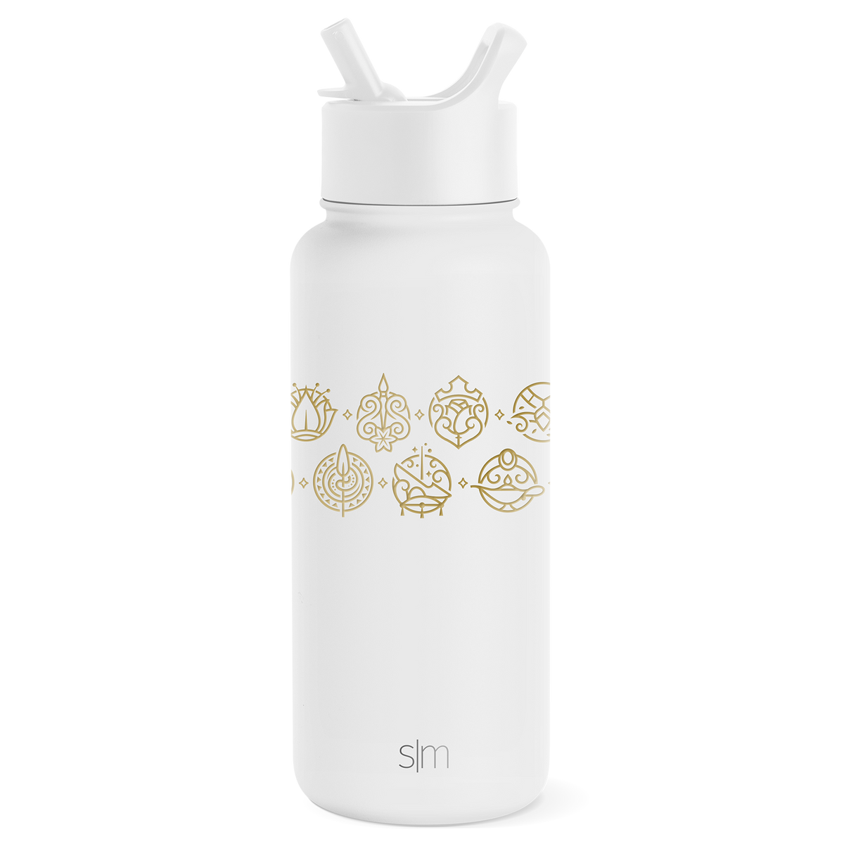 White insulated water bottle with wide mouth opening and dual-handle straw cap on cylindrical body with tapered lower section