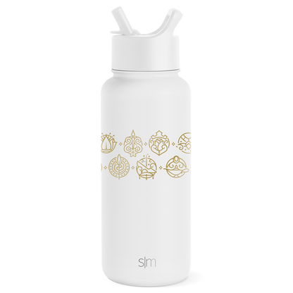 White insulated water bottle with wide mouth opening and dual-handle straw cap on cylindrical body with tapered lower section