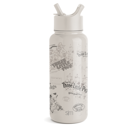 Cream-colored bottle with gray and black illustrations and text, white lid and straw spouts, monochromatic design