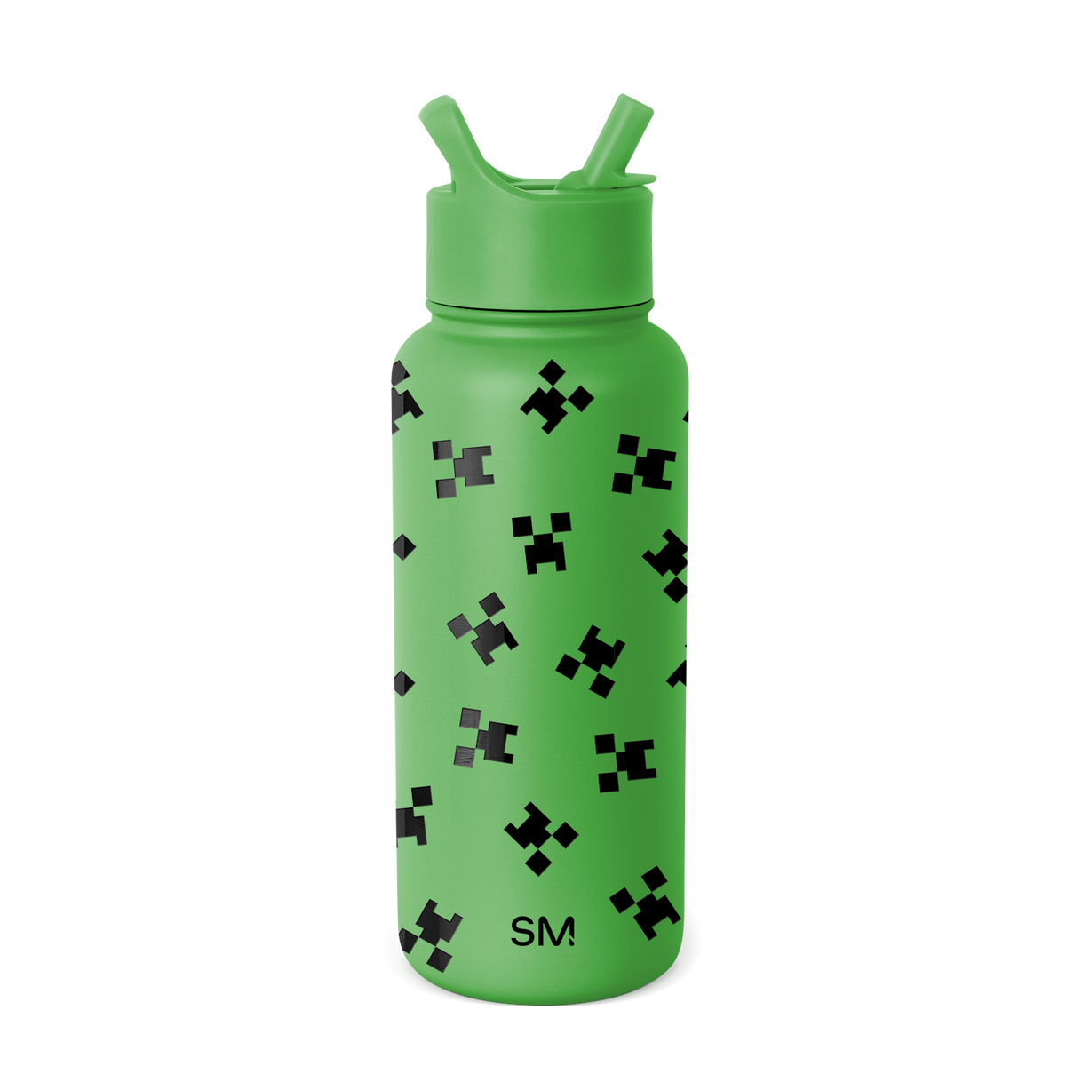 Bright lime green water bottle with black and dark gray pixelated patterns scattered across the surface
