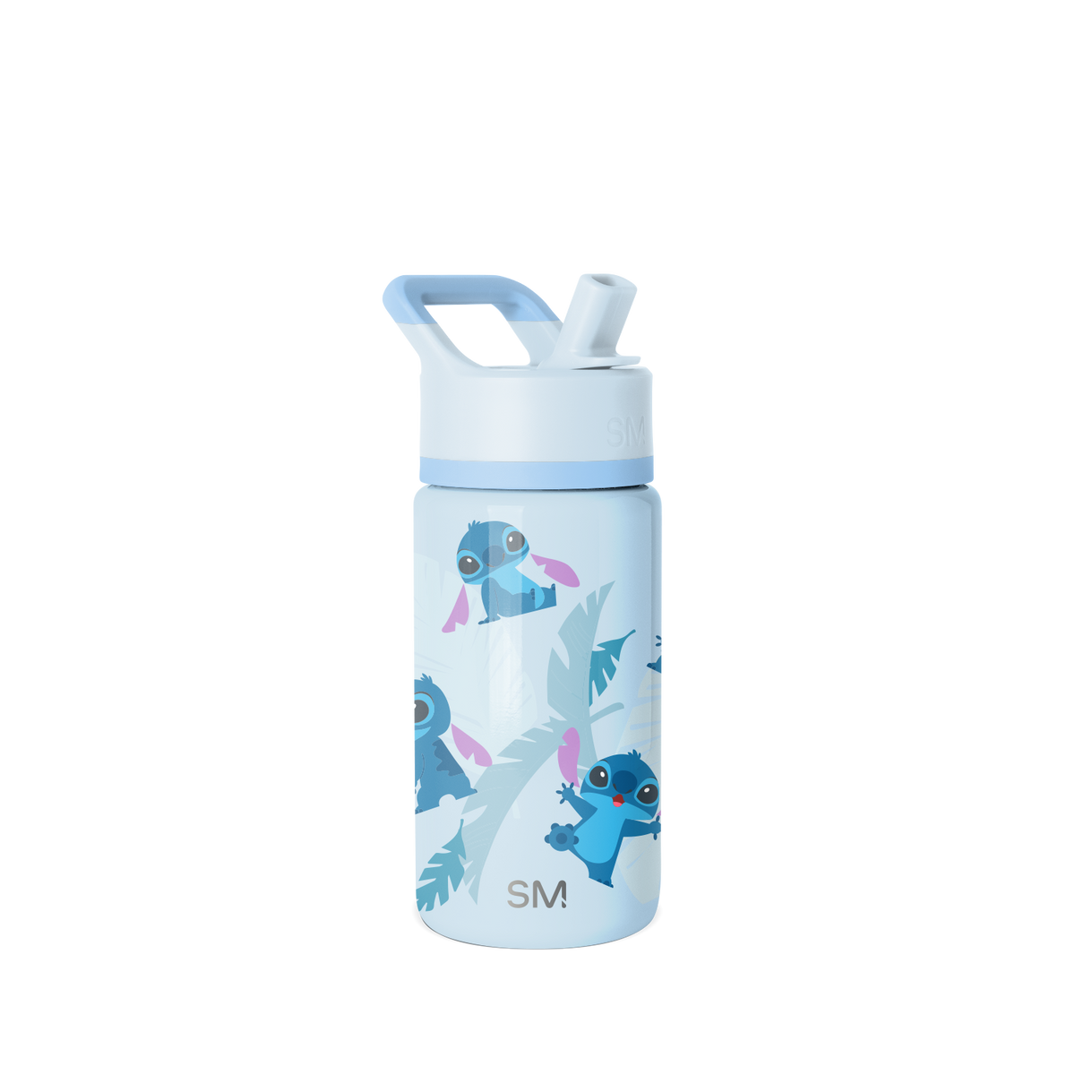 Light sky blue water bottle with white lid and handle, featuring medium blue, teal, and magenta accent colors