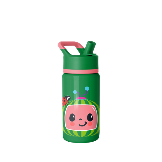 Kelly green water bottle with coral and hot pink character illustration featuring accents of light blue, yellow, and dark gray