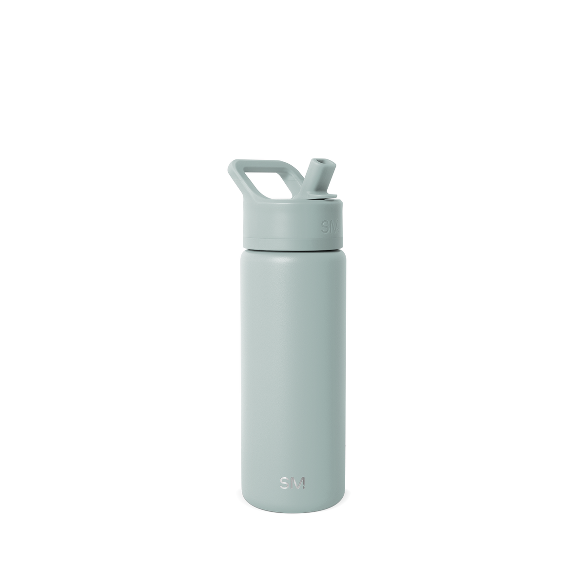 Sage green reusable water bottle with white cap against white background