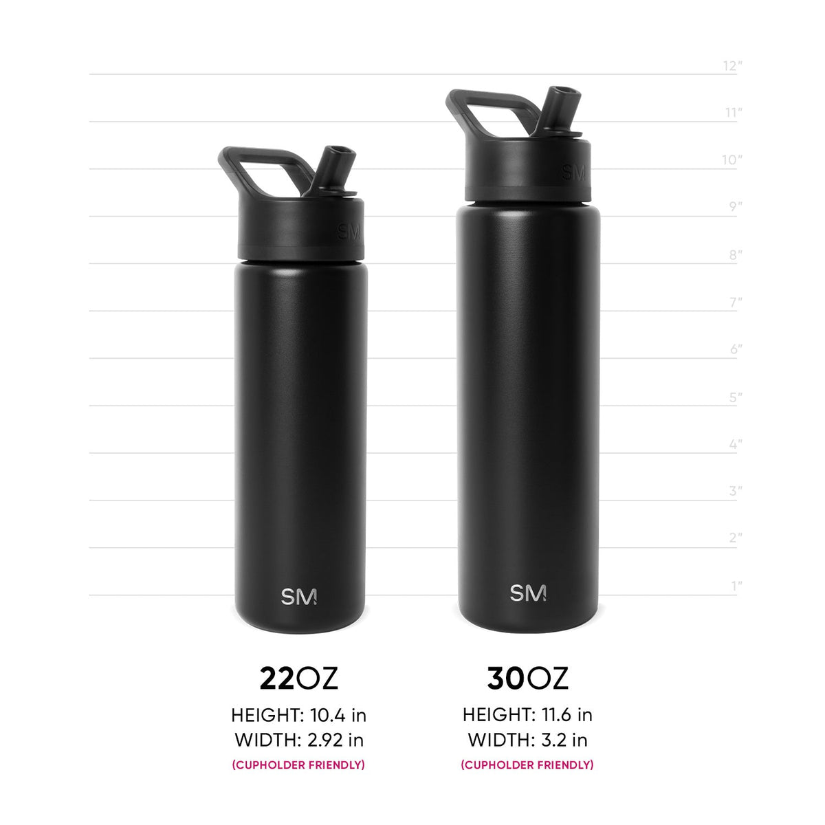 Two matte black Simple Modern insulated water bottles displayed side-by-side with measurement scale. 22oz bottle on left is 10.4 inches tall; 30oz bottle on right is 11.6 inches tall. Both feature white SM logo, flip-cap