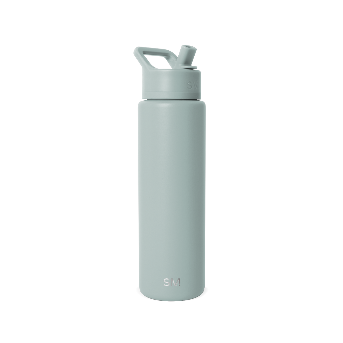 Sage green water bottle with matching cap and handle on a clean background
