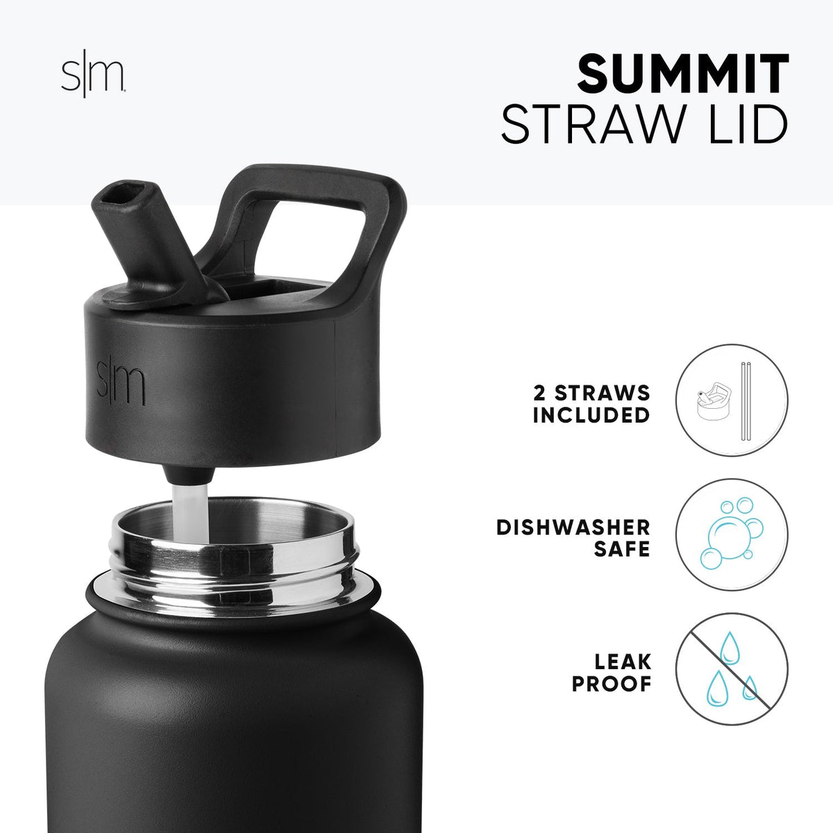 Black reusable straw lid with stainless steel metal band and handle, designed to fit beverage bottles