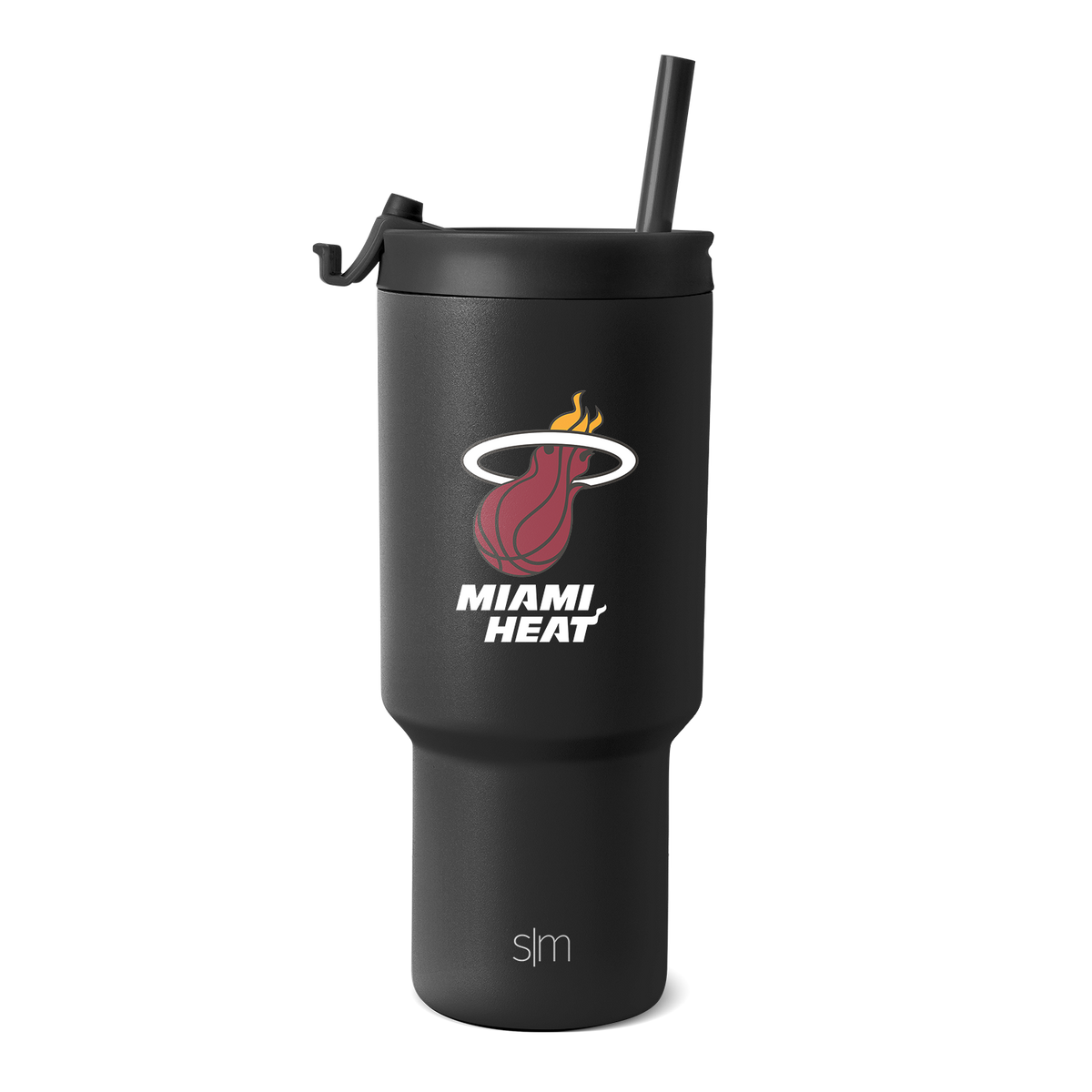 Matte black tumbler with Miami Heat logo in red, white text and outlines, sleek modern design