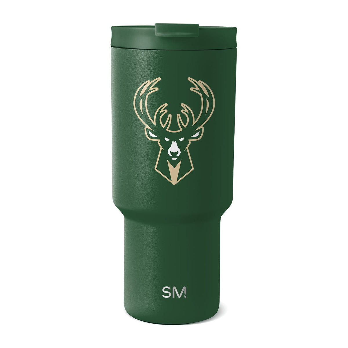Forest green insulated tumbler with cream and tan engraved logo and graphics