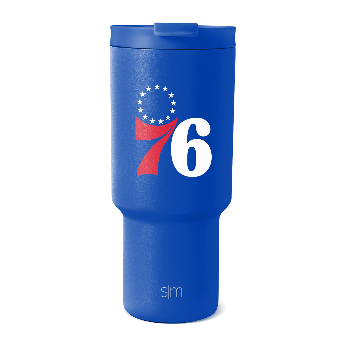 Royal blue insulated tumbler with white text, graphic logo, and red accents in patriotic design