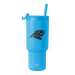 Bright sky blue tumbler with Carolina Panthers logo in dark colors, featuring a vibrant and energetic design
