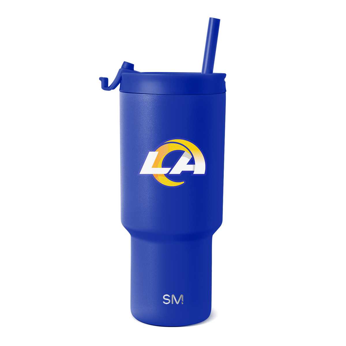 Royal blue tumbler with white and gold logo accents on clean white background