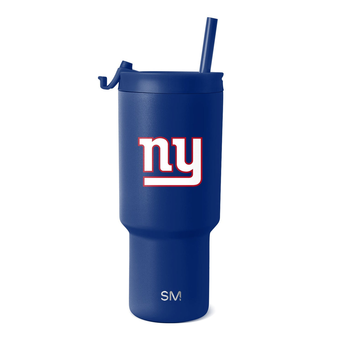 Deep royal blue tumbler with white lid, featuring white and red logo graphics on the front