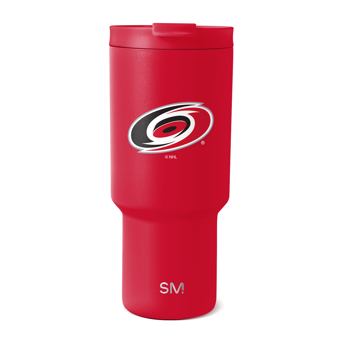 Bright red tumbler with matching red lid, white and black accents, featuring subtle darker gradations on the lid.
