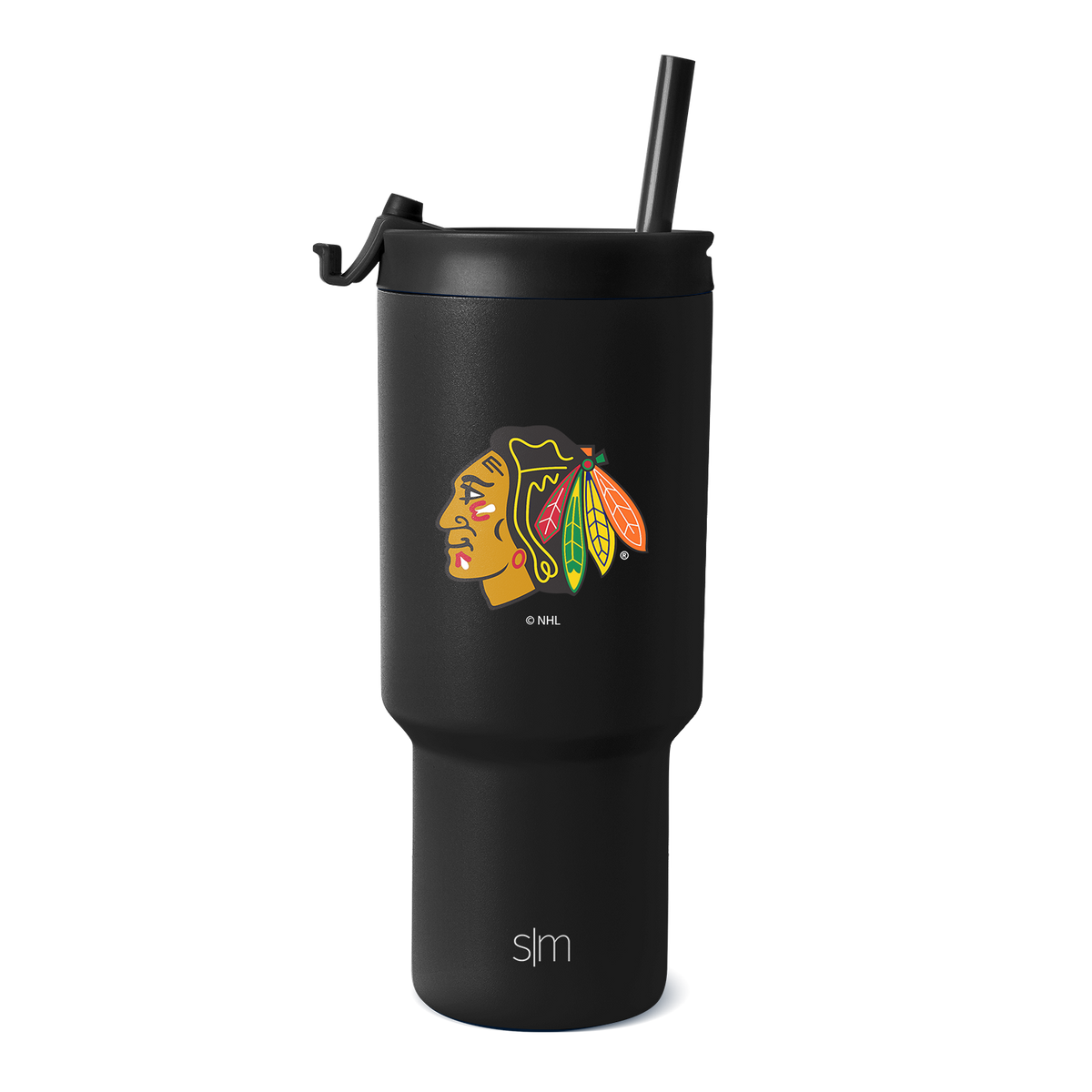 Matte black Chicago Blackhawks tumbler with gold, red, orange, green, and yellow logo graphic