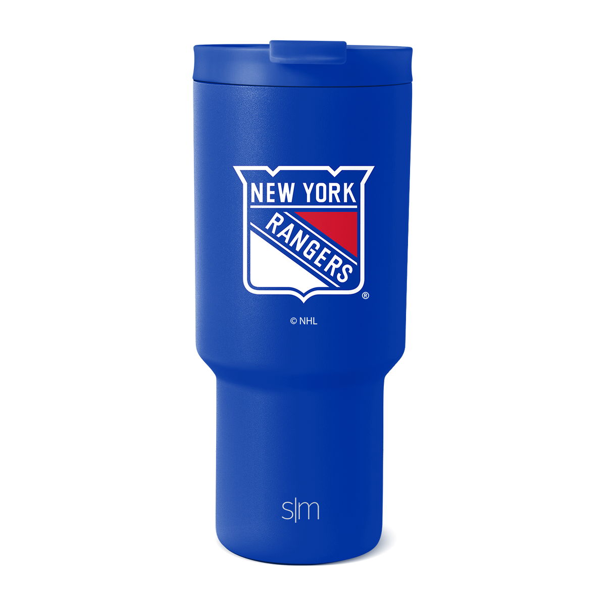 Royal blue tumbler with white logo and red team shield, New York Rangers branding on cylindrical body