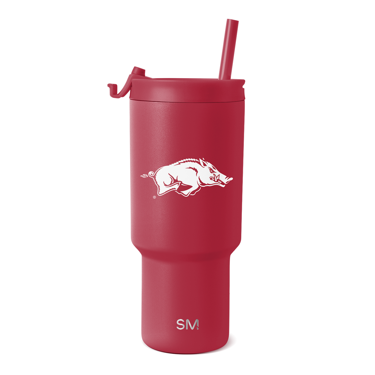Burgundy matte tumbler with gradient finish, cylindrical body, lid, and handle