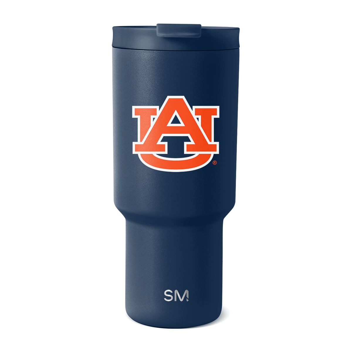 Auburn University tumbler with navy blue body and vibrant orange-red accents