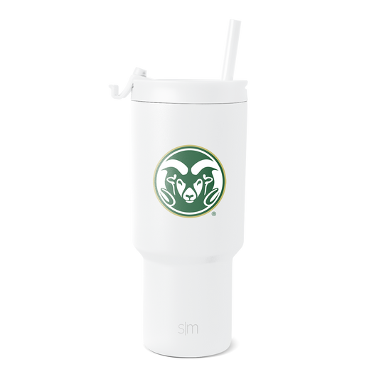 White insulated tumbler with forest green and cream circular logo badge on body