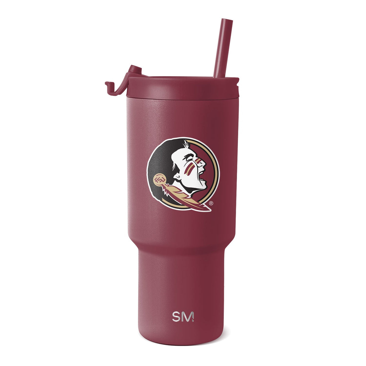 Deep maroon tumbler with matte finish, matching lid, handle, and straw included.