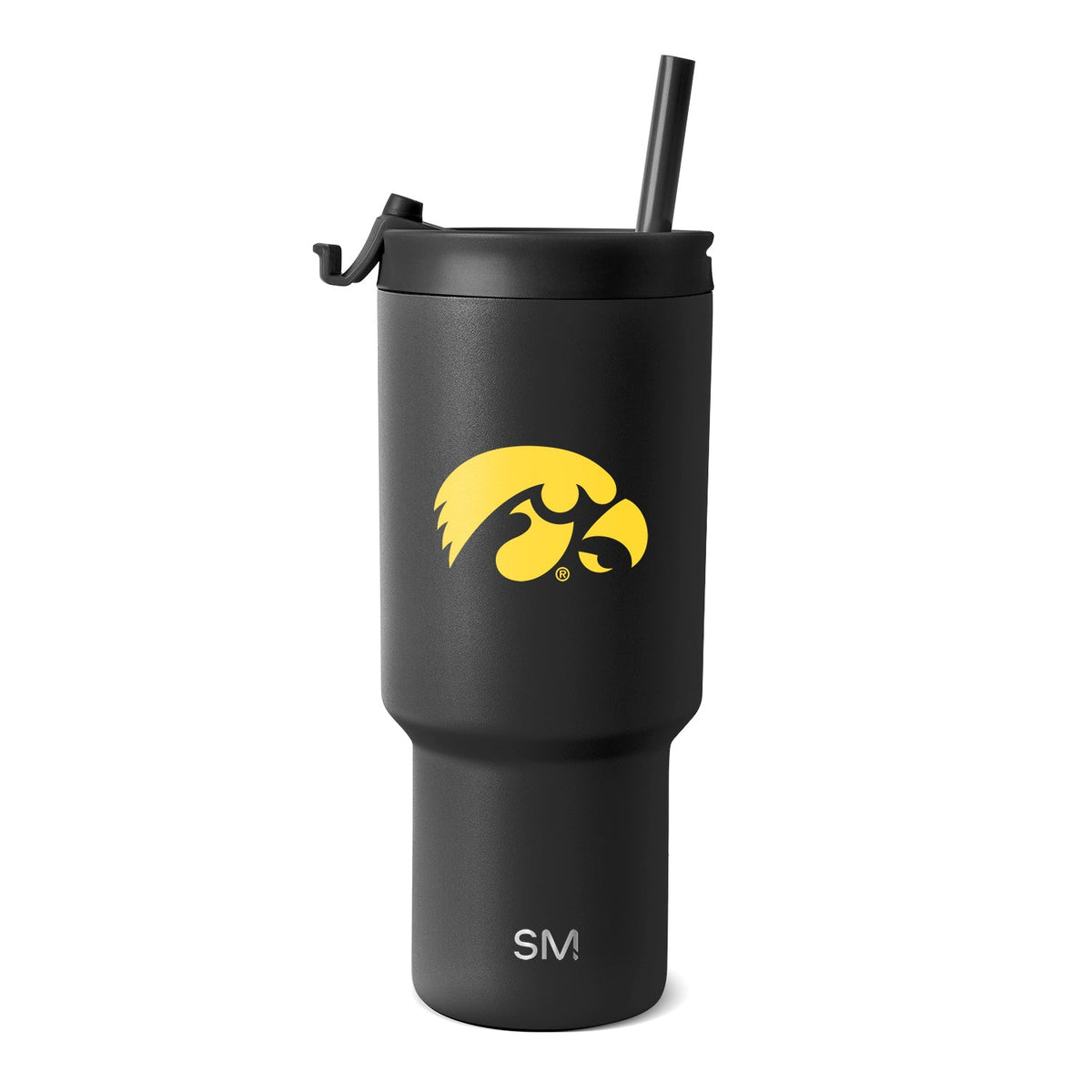 Matte black tumbler with bright yellow accent stripe on white background