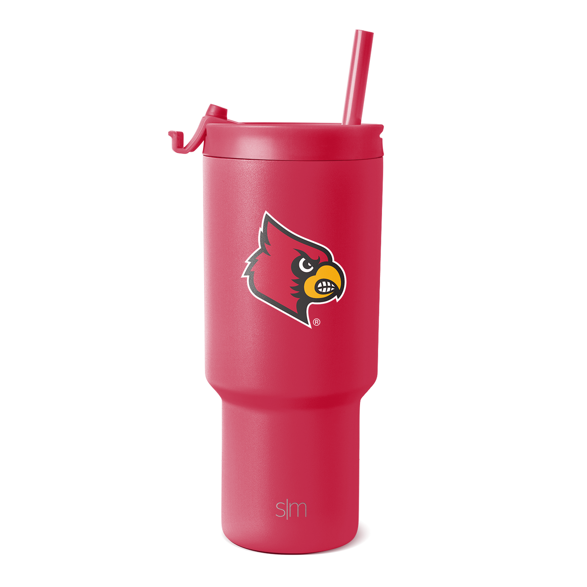Coral red insulated tumbler with stainless steel construction, shown against white background