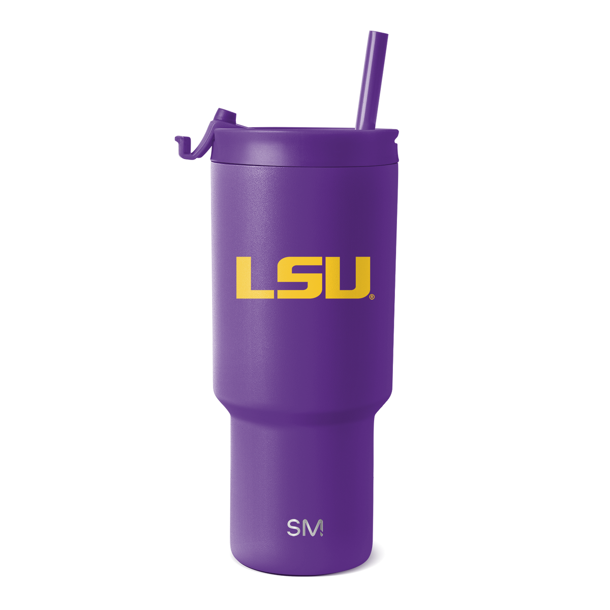 Purple tumbler with gold LSU logo and yellow accents