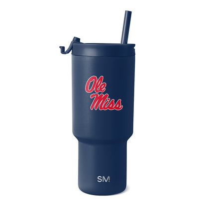 Navy blue tumbler with bright red and white logo graphic accent