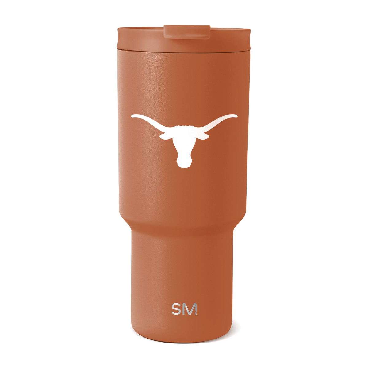 Terracotta orange matte tumbler with tapered lower section and white accents