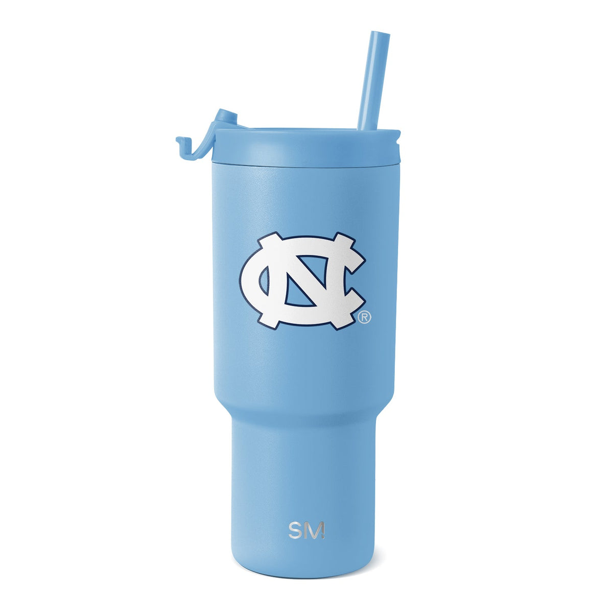 Pale blue tumbler with university logo on white background