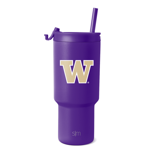 Purple tumbler with gold accent branding on logo and base