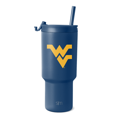 Navy blue insulated tumbler with tapered cylindrical body on white background