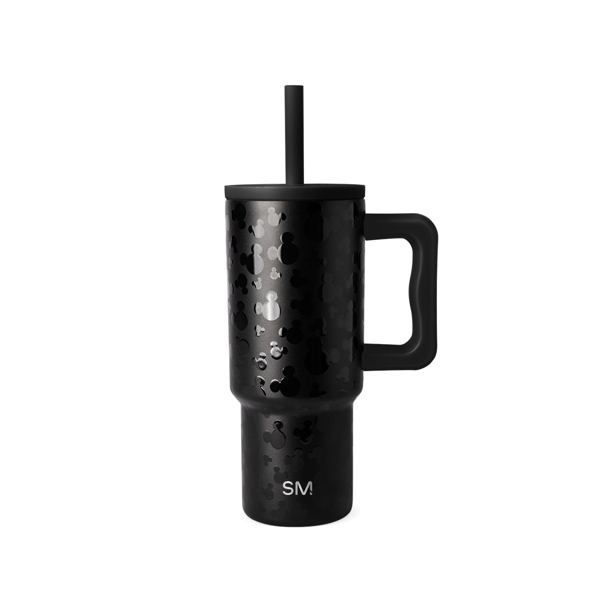 Black insulated tumbler with matte finish and white speckled texture pattern on white background
