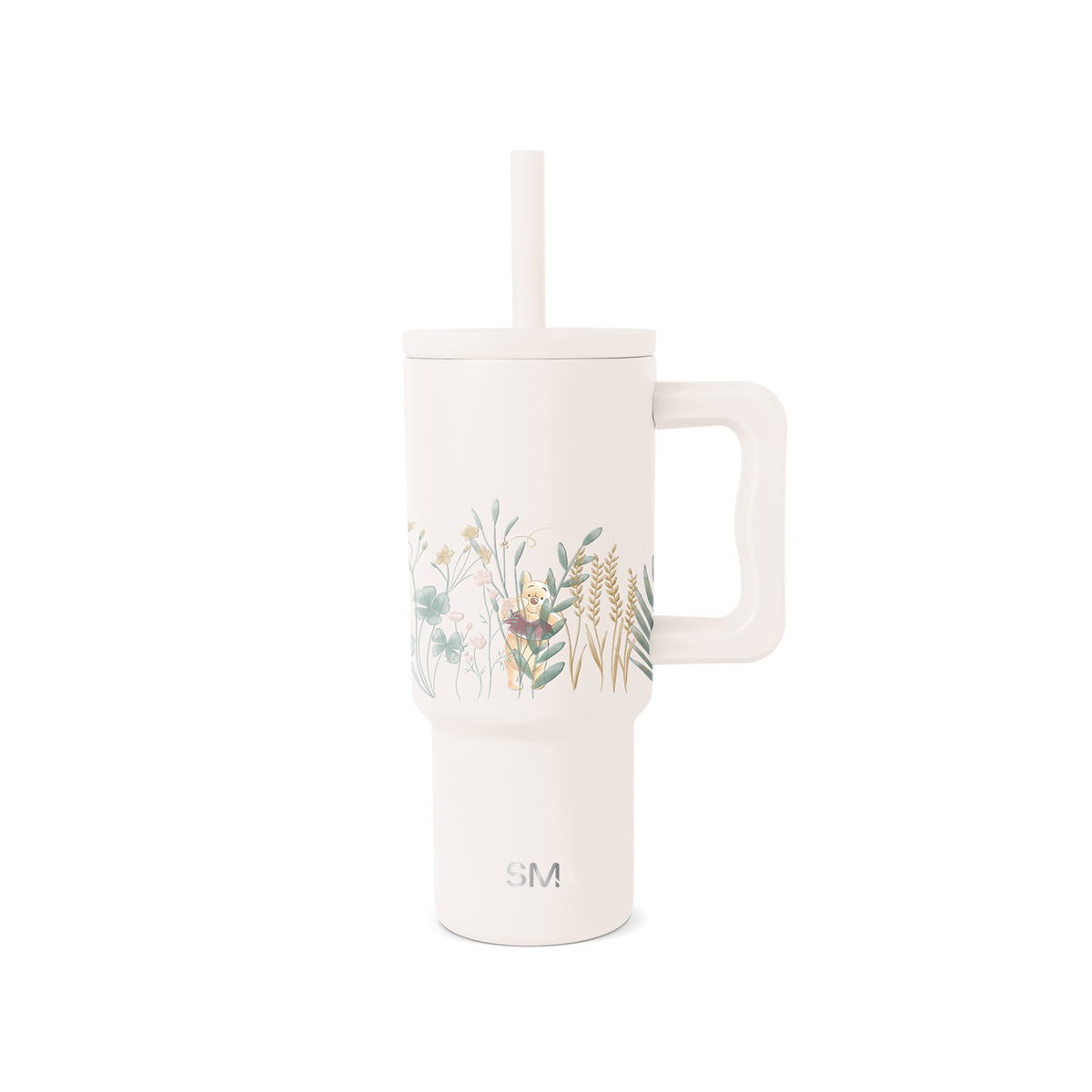 Cream-colored tumbler with muted watercolor botanical illustration on front