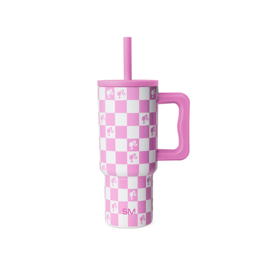 Pink and white checkerboard tumbler with matching straw on white background