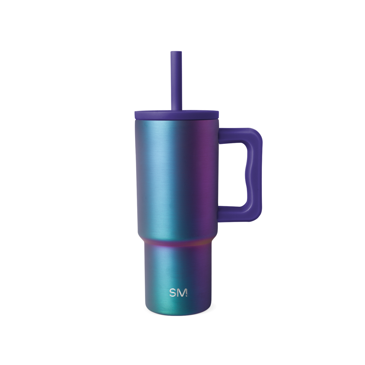 Stainless steel tumbler with handle and reusable straw, iridescent color-shift finish transitioning from turquoise to purple and blue.