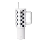 Black and white checkered tumbler with white base and handle