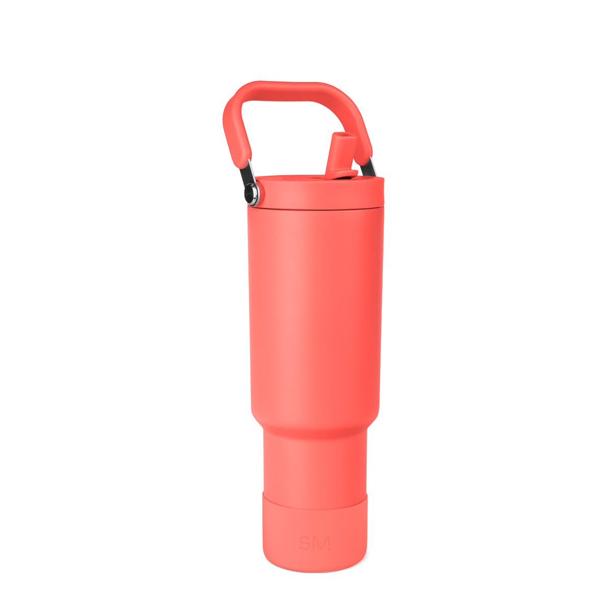 Coral-red insulated water bottle with black handle and carabiner clip on white background