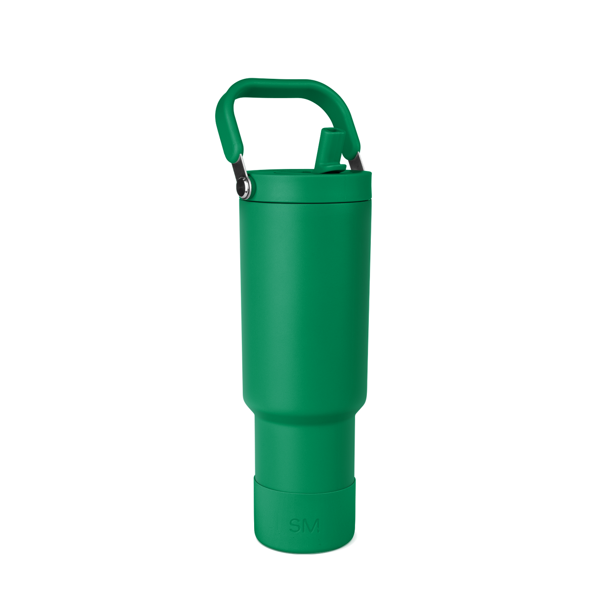 Kelly green water bottle with tapered design, wider upper chamber, narrow base, and matching green carrying handle