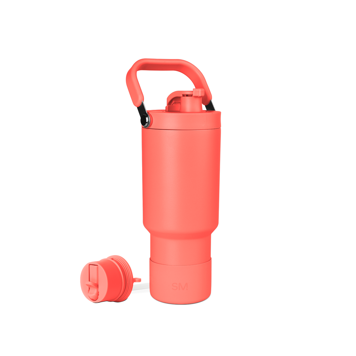 Coral-red water bottle with accessories on white background
