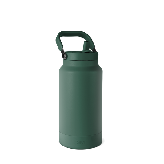 Sage green insulated water bottle with matching lid and handle, featuring a muted earthy tone with darker green accents