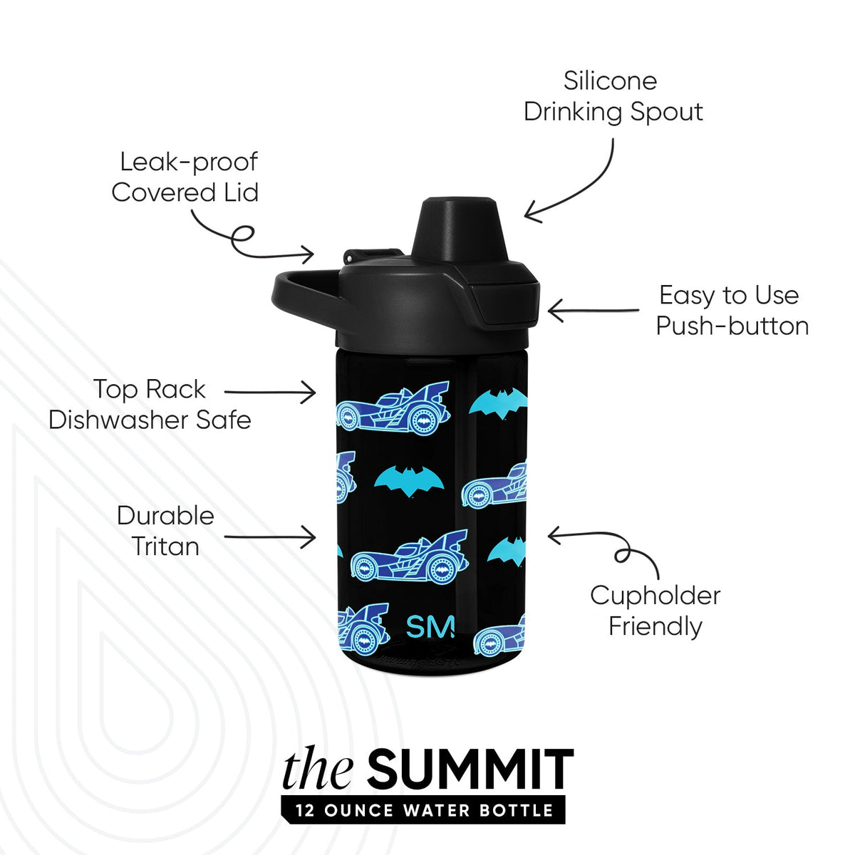 Black water bottle with cyan blue and white graphic design details and SM logo on bold black background