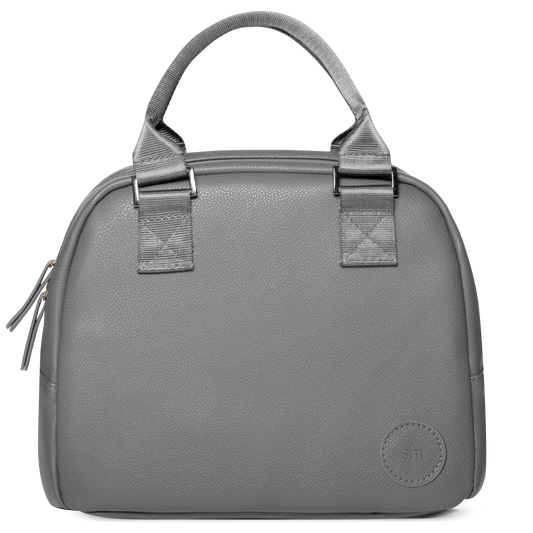 Gray canvas tote bag with silver metal hardware and light gray fabric handles and webbing straps