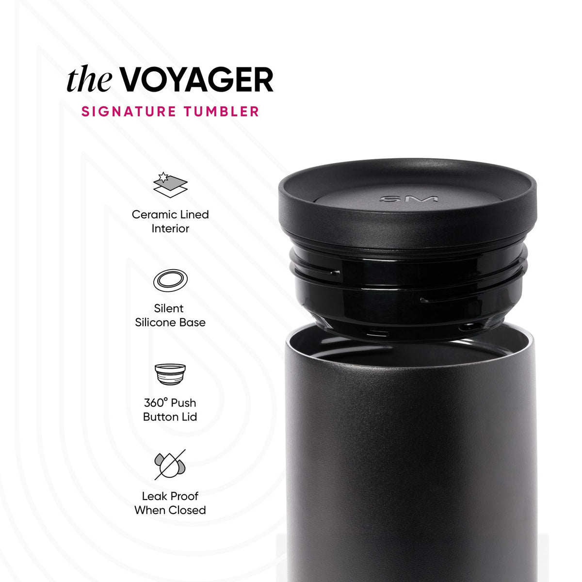 Matte black tumbler with reflective highlights and gray tones on a high-contrast monochromatic background, Voyager Signature Tech design.
